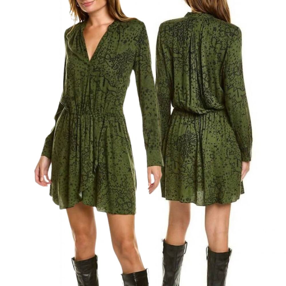 Zadig & Voltaire Rinka Glam Rock Mini Dress Womens XS Green Black V-Neck NWT